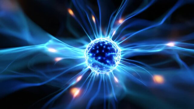 A Stunning Visualization of Energy Waves Surrounding a Central Blue Sphere, Showcasing Dynamic Plasma Movement and Electric Activity in an Abstract Representation of Natural Phenomena