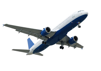 Obraz premium A large blue and white commercial airplane flying through the air isolated on transparent background