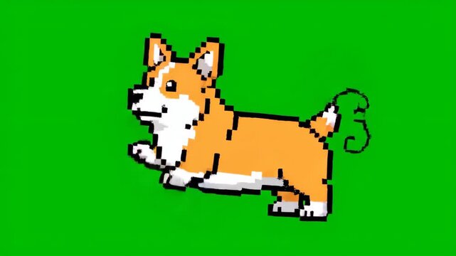 Pixel Art Corgi Animation: Four-Paw Stomp and Tail Wag on Chroma Key