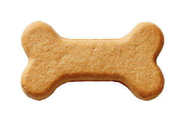 Close-up of a dog biscuit shaped like a bone.  Golden-brown,  smooth texture.  Isolated on black
