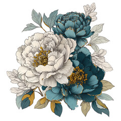 Floral bouquet, white and teal peonies