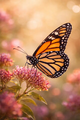 Obraz premium AI Generated Monarch Butterfly on Pink Flowers in Soft Golden Light