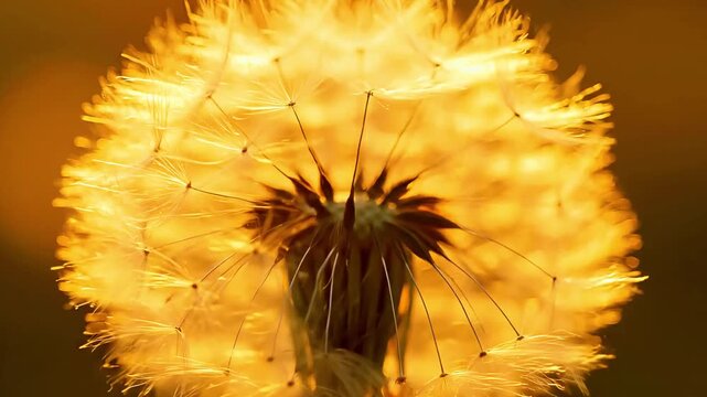Dandelion seed head backlit by golden sunset with single floating seed