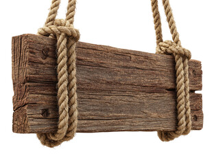 Wooden sign, rustic style, hanging by ropes