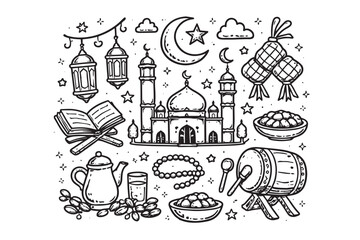 Naklejka premium Set of hand-drawn Ramadan ornaments