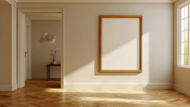 Interior space with empty frame on wall near window and wooden floor in bright sunlight during afternoon hours