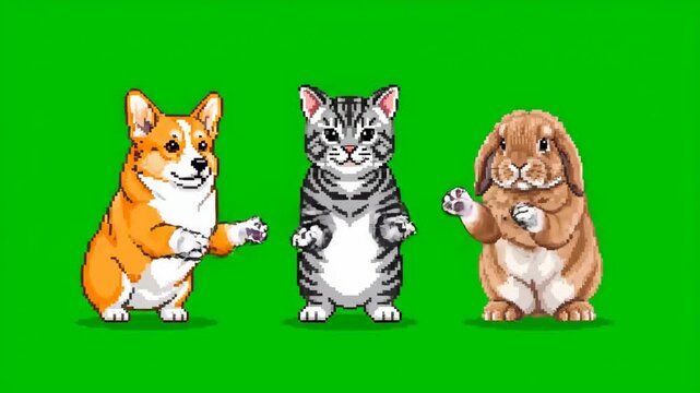 Pixel Art Corgi, Cat, and Rabbit Dancing Together on Green Screen