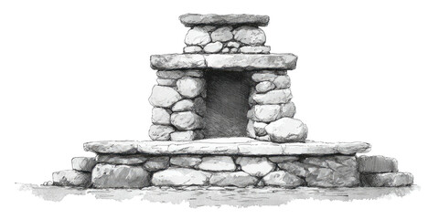 Black and white illustration depicts a stone structure with layered platforms