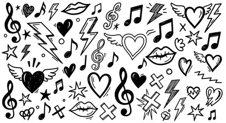 A collection of hand-drawn doodle icons featuring musical notes, hearts with wings, lightning bolts, and lips. © dinda
