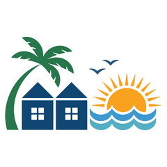 Vacation home by the sea with palm tree and sunset