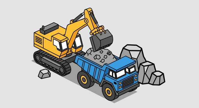 Yellow Excavator Loading Rocks into Blue Dump Truck.