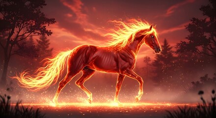 Obraz premium Fiery horse running through sunset forest with glowing mane and tail