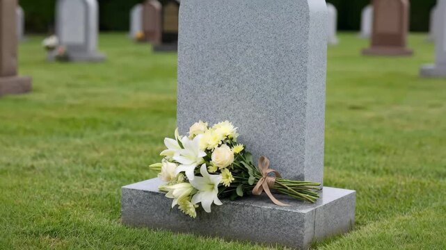 Flowers placed at gravestone in cemetery with green grass background  