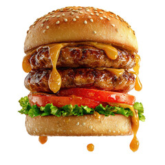 Close-up double cheeseburger.  Melted cheese, drizzled sauce, juicy patties, fresh toppings
