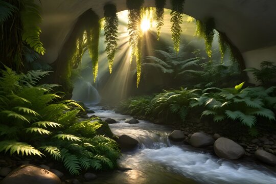Enchanted jungle stream under vine canopy sunlight rays mossy rocks lush foliage waterfall