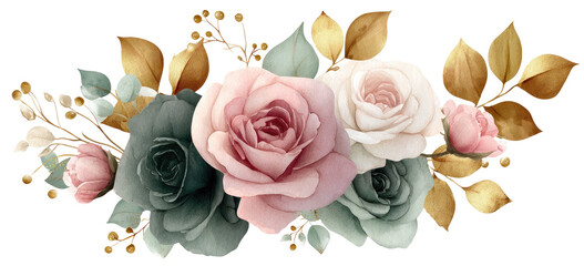 Delicate floral arrangement with pastel roses and gold leaves