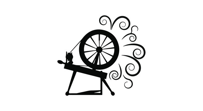 Vintage spinning wheel creating swirling threads of wool on a white background.