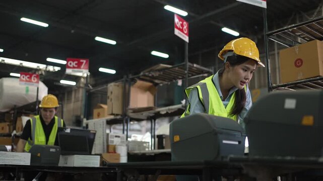 Blue collar workers are working at warehouse. Logistics, transportation.