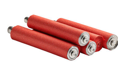 Stack of four red cylindrical batteries