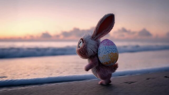 Adorable small pink easter bunny walking on sandy beach carrying colorful egg basket at sunset ocean waves