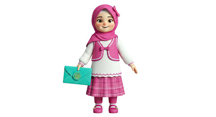 Cute cartoon Muslim girl in pink hijab holding an envelope