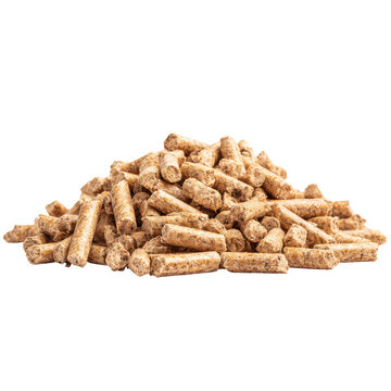 Pile of small, light tan wood pellets