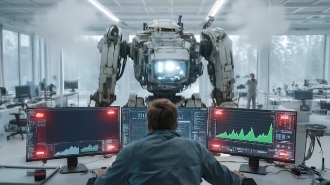  A lone individual gazes intently at a formidable robotic titan within a futuristic technological landscape. This scene hints at innovation, progress.