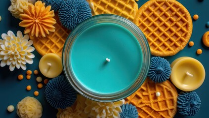 Aromatic Candle Surrounded by Decorated Flowers and Waffles