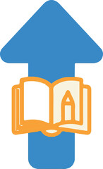 Blue arrow icon with open book and pencil in flat design on white background for education symbol