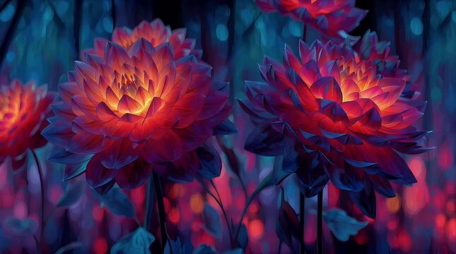 Magical garden of enchanted mysterious flowers in bright psychedelic colors at early morning light