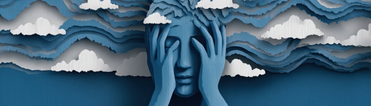A stylized depiction of a person holding their head, surrounded by layered clouds, symbolizing emotional turmoil and introspection.