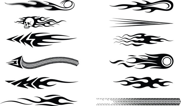 tribal racing flames and automotive tire track vector decals set
