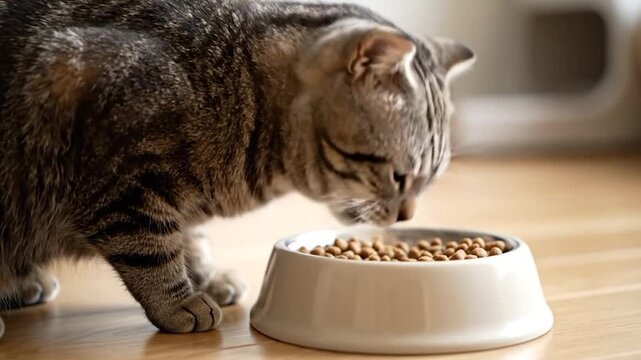 Close-up tabby cat eating kibble from white ceramic bowl on warm hardwood floor, soft window light, shallow depth, home mood.