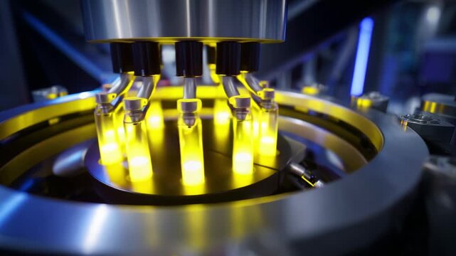 Advanced Laboratory Equipment Featuring a High-Tech Precision Dispensing System, Showcasing Colorful Light Emissions from Fluorescent Tubes in an Innovative Research Environment