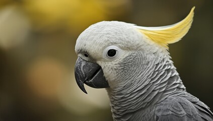 Fototapeta premium Close-up portrait of a yellow-crested cockatoo with a soft, blurred background showcasing its vibrant colors and intricate feather details