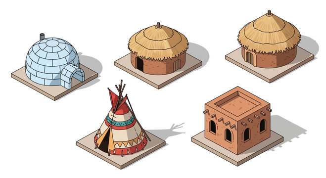 Isometric Traditional Dwellings Set Isolated on White Background