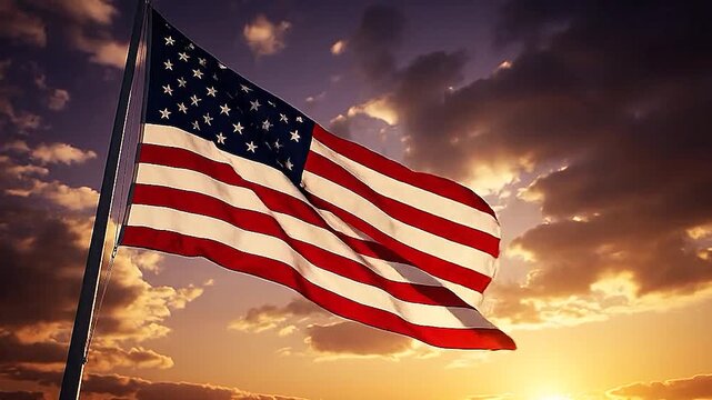 Large American flag waving at sunset, dramatic clouds, strong wind, rich fabric texture, cinematic patriotic fine-art photography mood power reverence.