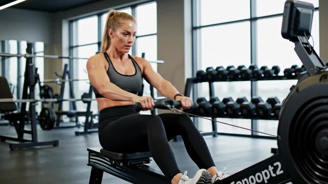 Womans Intense Rowing Workout at the Gym for Fitness and Strength.