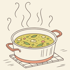 Warm Cooking Pot Filled with Hearty Soup, Home Kitchen Vector Art