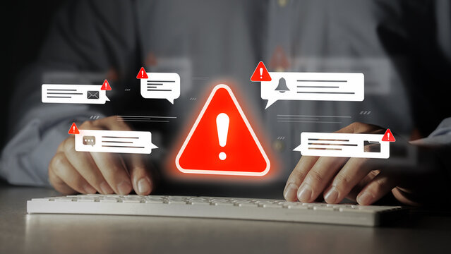Cybersecurity warnings and data breach alerts on digital interfaces display phishing emails, malware, and phishing threats to ensure technological security and prevent online attacks.