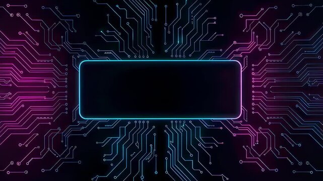 Animated circuit board background with glowing lines and blank message area changing color. Futuristic technology concept design.