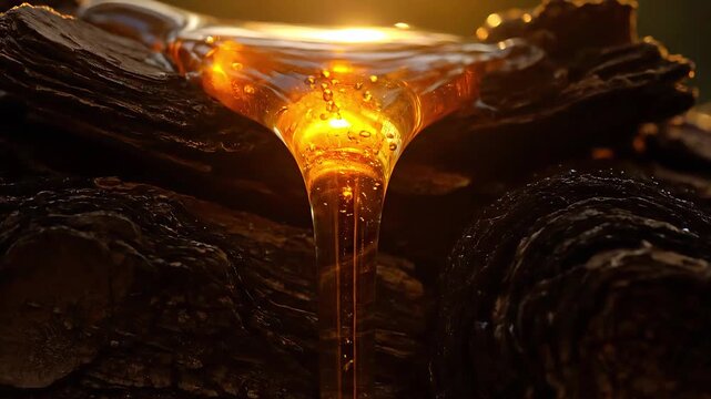 Sticky golden pine resin oozing on rough bark with warm backlight