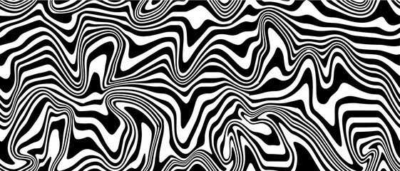 Black and white striped liquid paint effect vector seamless pattern. Wavy psychedelic background of moving liquid. Modern zebra backdrop. Groovy 1970s style.