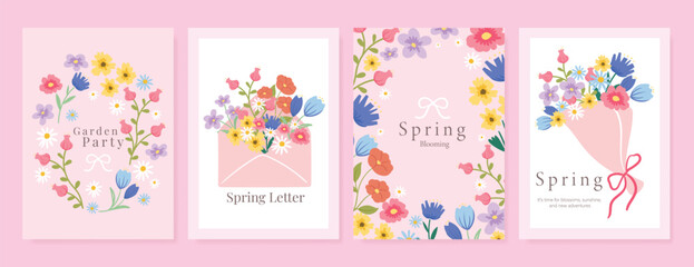 Obraz na płótnie Canvas Spring Floral invitation card background vector. Minimal hand drawn botanical flowers template background. Design illustration for wedding, vip cover, poster, rsvp modern card, birthday party.