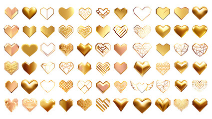 Golden hearts collection featuring various designs patterns and textures perfect for romantic love and valentine themes isolated on transparent background transparent background