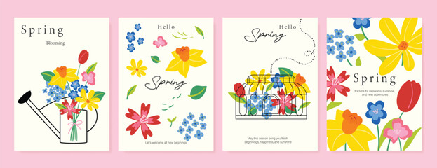 Naklejka premium Spring Floral invitation card background vector. Minimal hand drawn botanical flowers template background. Design illustration for wedding, vip cover, poster, rsvp modern card, birthday party.