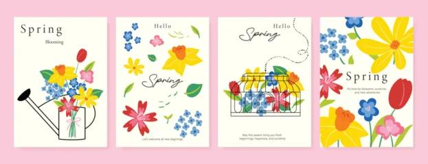 Fotobehang Karaktertjes Spring Floral invitation card background vector. Minimal hand drawn botanical flowers template background. Design illustration for wedding, vip cover, poster, rsvp modern card, birthday party.  © babeer