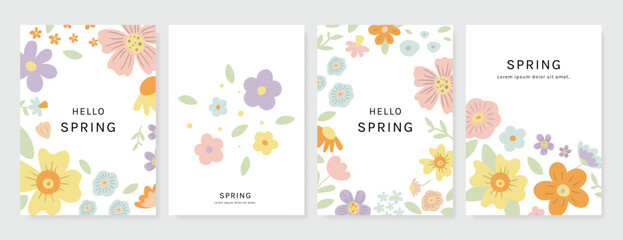 Obraz premium Spring Floral invitation card background vector. Minimal hand drawn botanical flowers template background. Design illustration for wedding, vip cover, poster, rsvp modern card, birthday party.