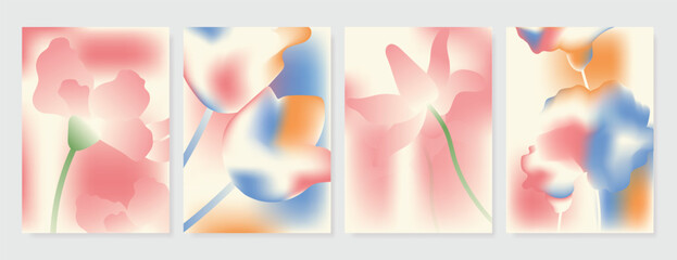 Obraz premium Modern gradient poster background vector set. Minimalist poster summer and spring cover template with green geometric, heart, flower, butterfly. Ideal design for social media, banner, card, ads.