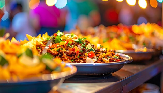 Delicious Street Food Platter with Colorful Toppings at Night Market.